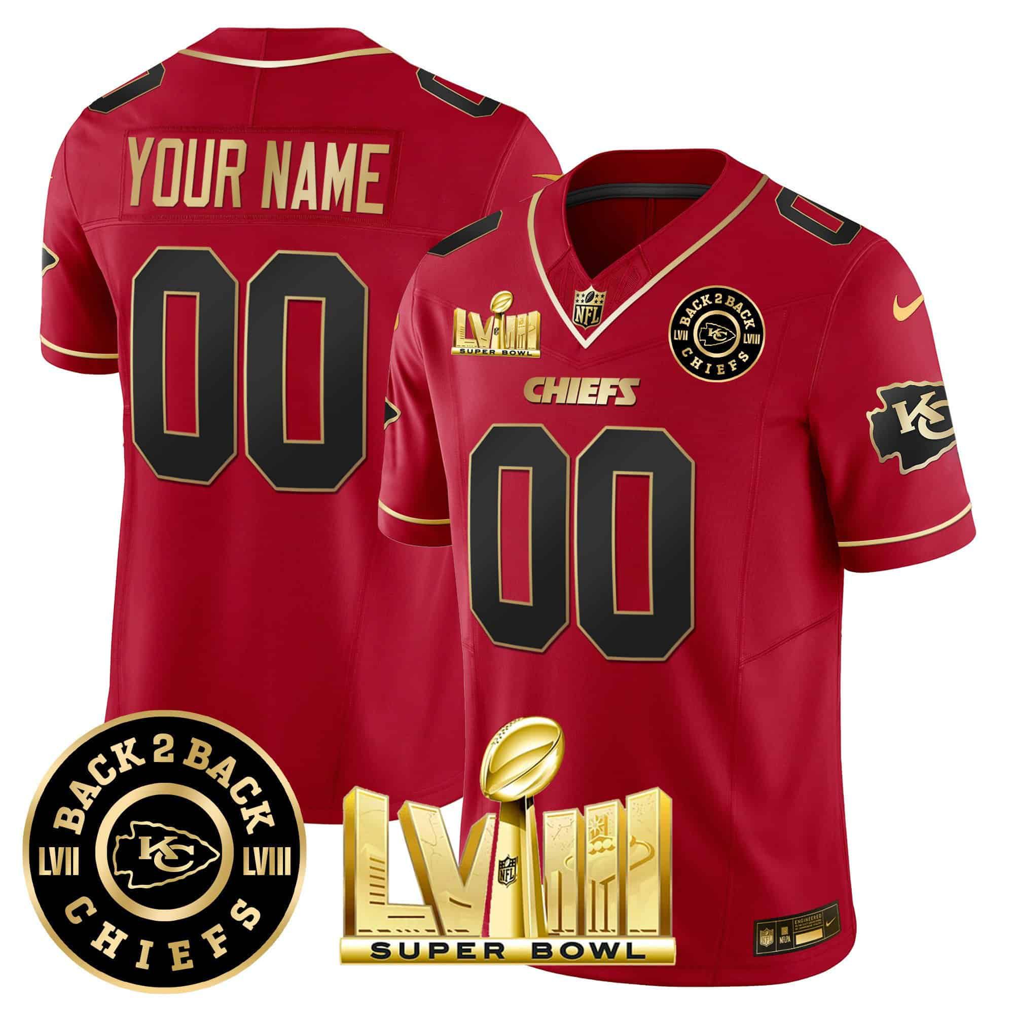 Men Kansas City Chiefs Red 2024 Nike Super Bowl LVIII & Back 2 Back Patch Vapor Custom NFL Jersey style 2